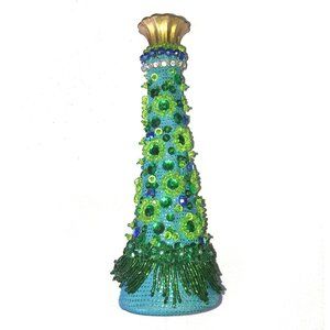 Green beaded embroidered vase with rhinestones